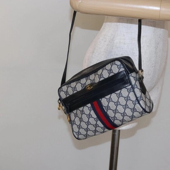 GUCCI GG Supreme Sherry Line Shoulder Bag PVC Navy Gold 378 02 004 Auth 140950 - Picture 1 of 16